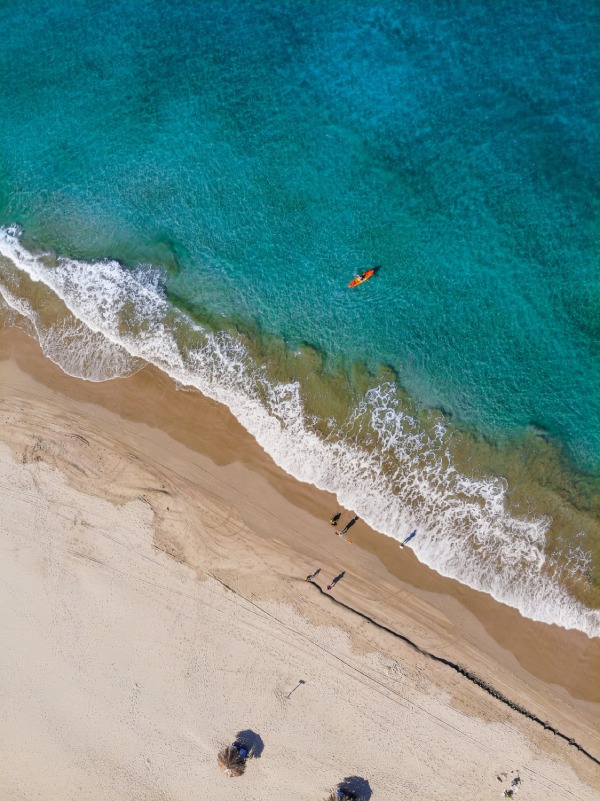Aerial vertical shot of people on the beach shore at daytime